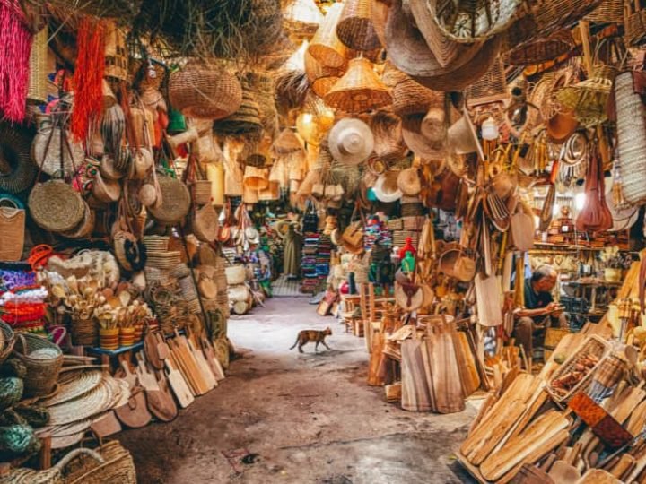 Traditional market scene in Tetouan’s medina with colorful stalls and local artisans