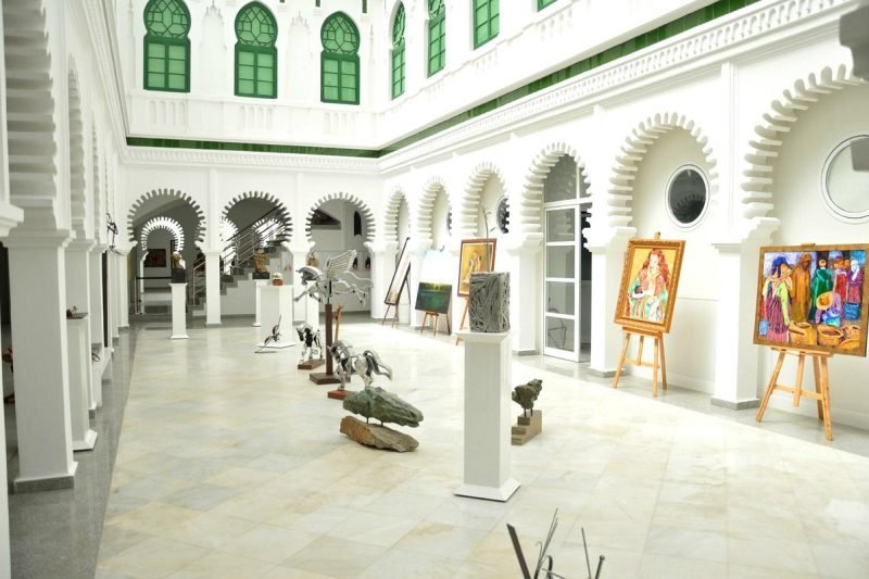 Interior view of the Centre of Modern Art in Tetouan, showcasing contemporary Moroccan artworks.